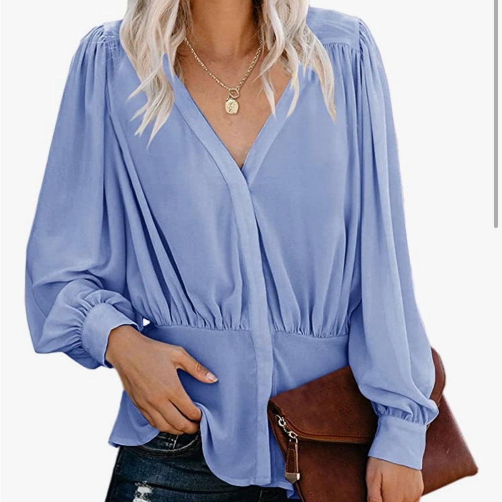 Blouse V Neck Ruffled Chiffon Top Empire Waist Long Sleeve Shirt